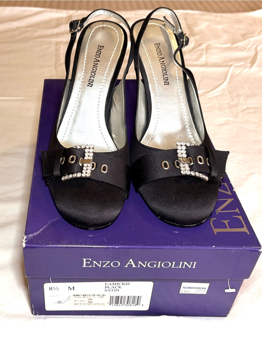 Enzo Angiolini Black Satin Slingback Heels w/Rhinestone Buckle Accent size 8.5